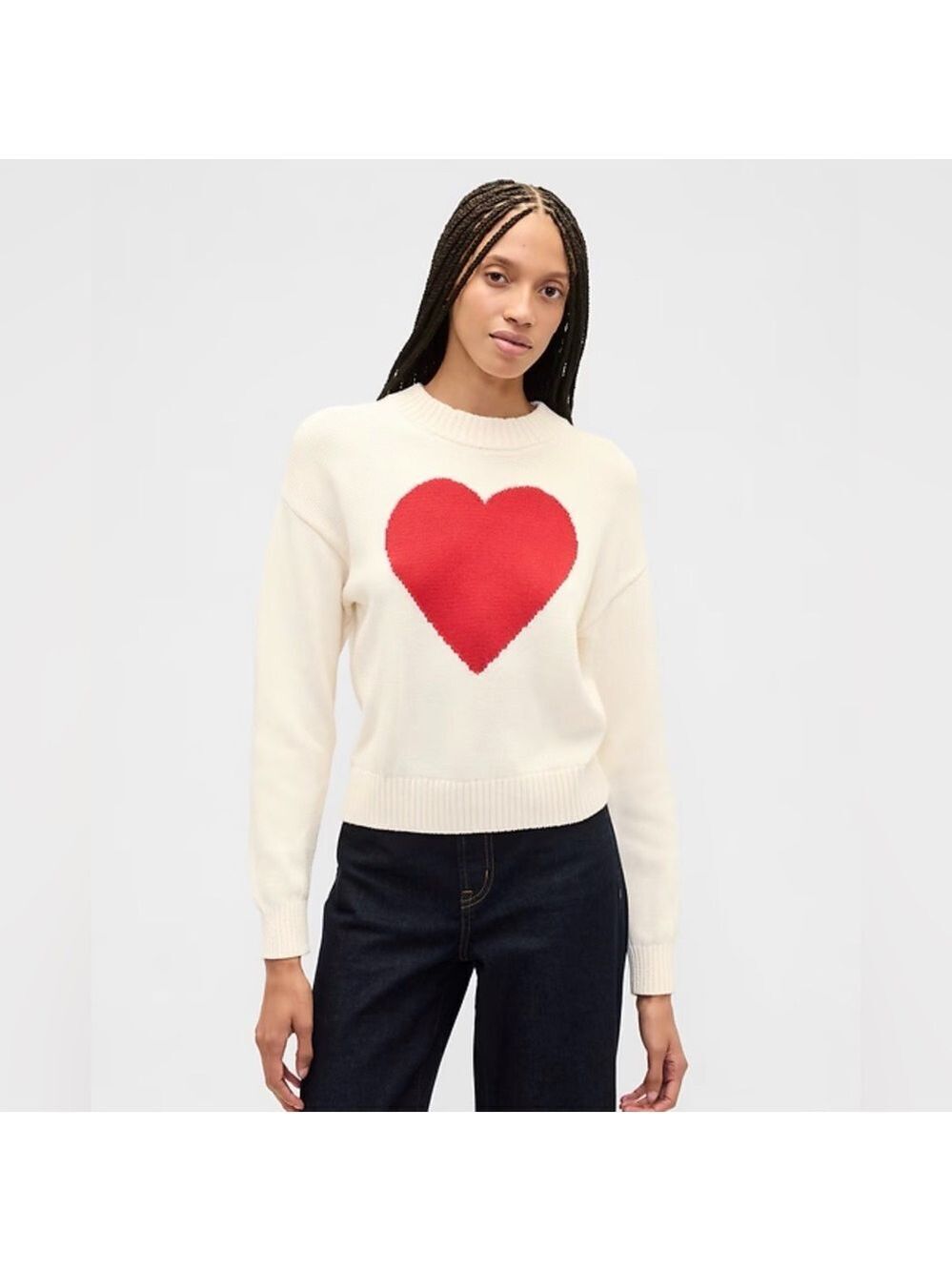 Gap Relaxed Cropped Intarsia Chunky Knit Oversized Sweater Heart Novelty Beachy